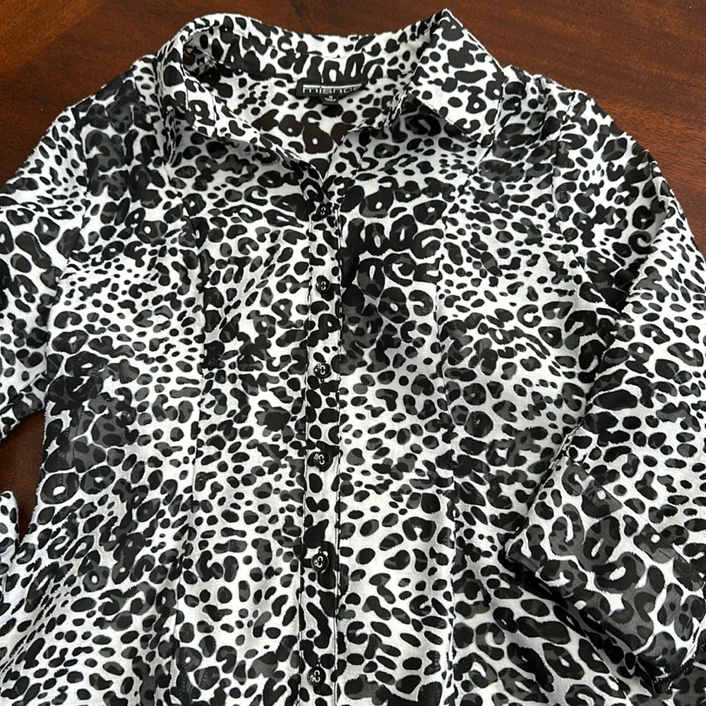 Mishca Sheer Leopard Print Lightweight Tab Sleeve Animal Print Tunic Blouse